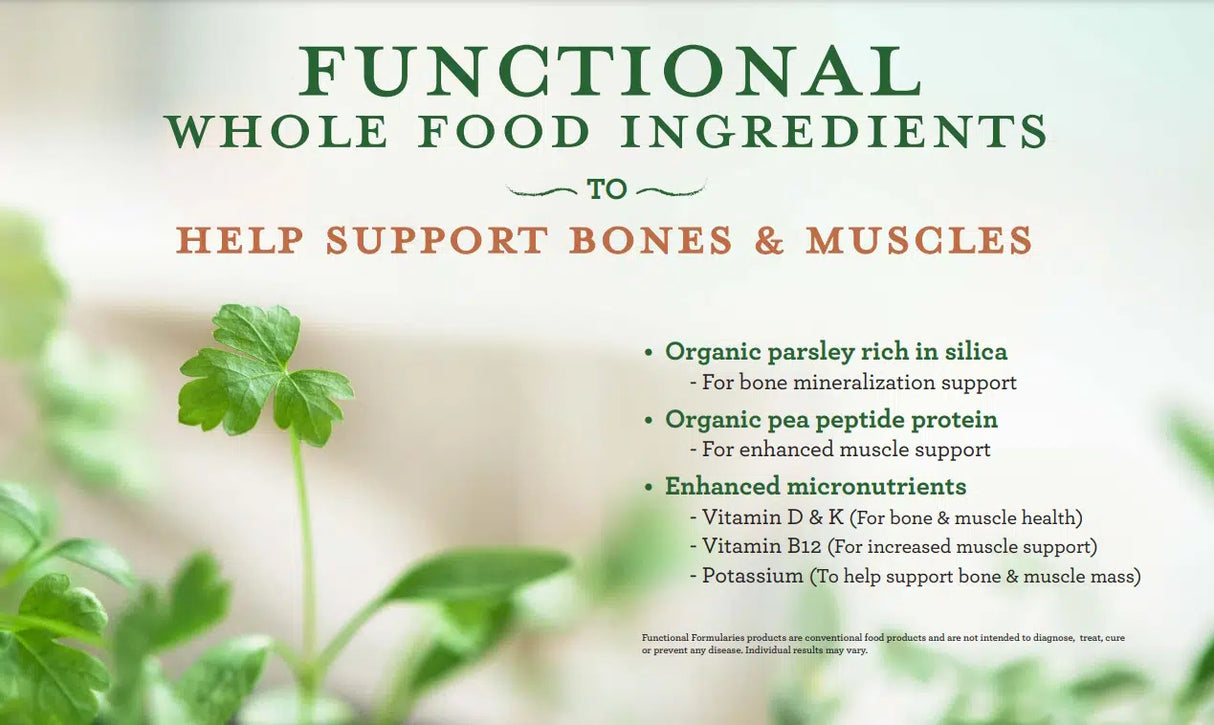 Promotional graphic for Functional Formularies Liquid Hope Peptide High Protein Adult Formula, Unflavored, highlighting organic parsley, pea peptide protein, enhanced micronutrients for bone and muscle support—ideal as an organic meal replacement. Parsley leaves background.