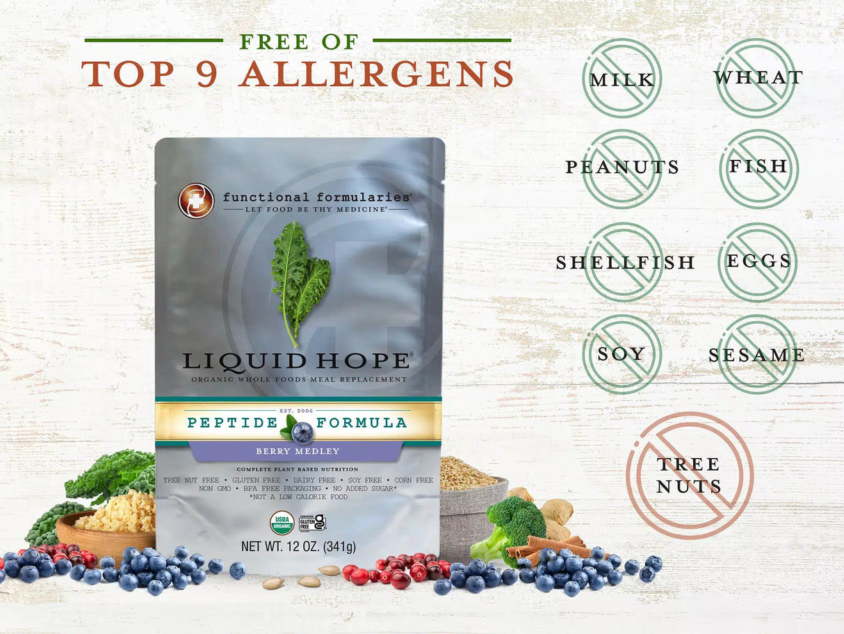 A pouch of Functional Formularies Liquid Hope Peptide Adult Formula, Berry Medley sits among fresh vegetables, grains, and berries. Text notes it’s free of the top 9 allergens: milk, wheat, peanuts, fish, shellfish, eggs, soy, sesame & tree nuts.