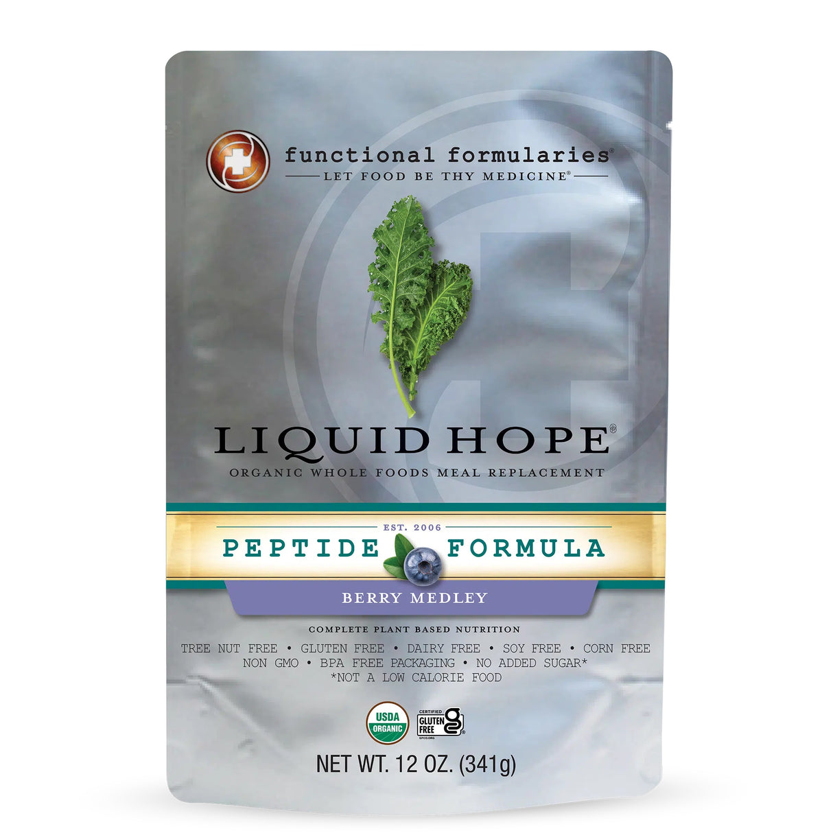 A 12 oz pouch of Functional Formularies Liquid Hope Peptide Adult Formula, Berry Medley flavor, highlights its plant-based meal replacement and USDA organic status on the tube feeding formula packaging.