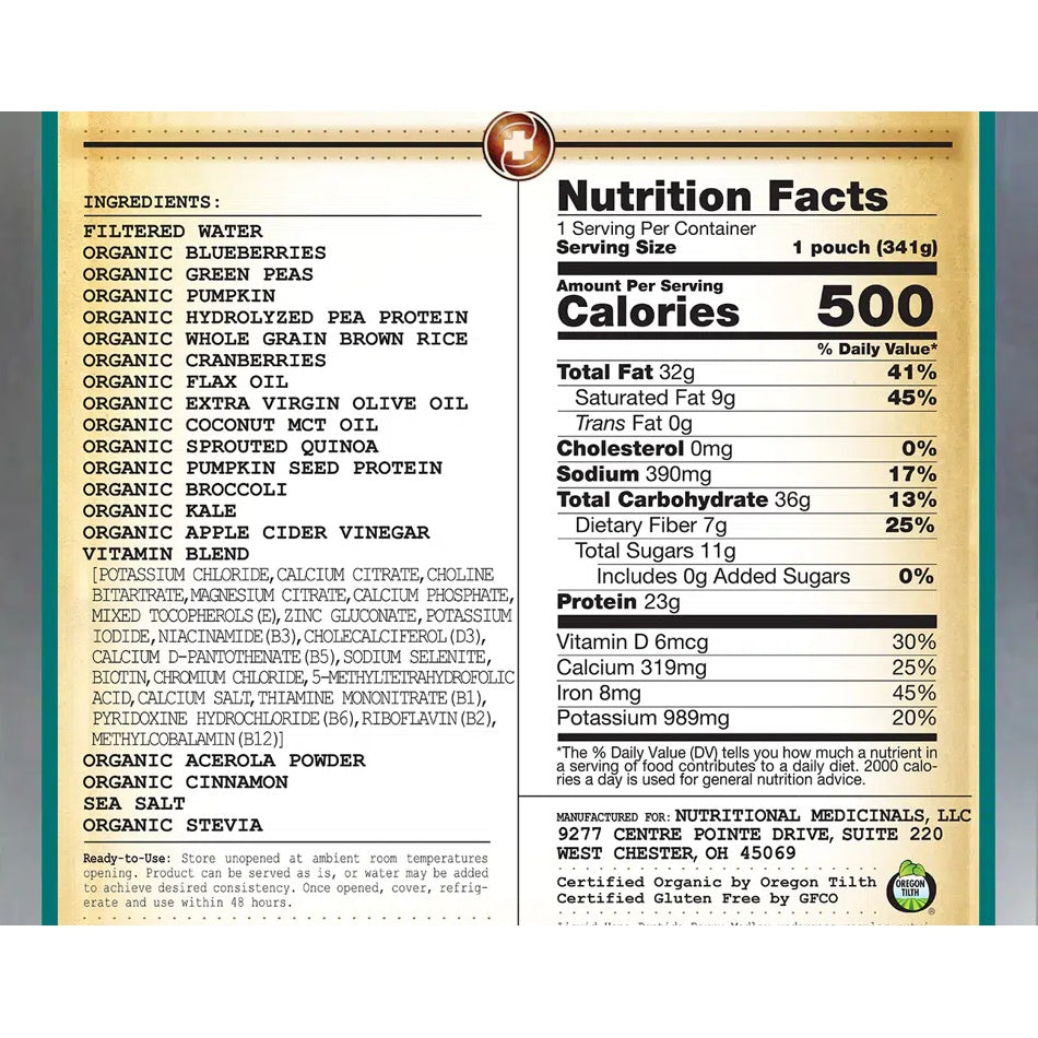 Nutrition label and ingredients for Functional Formularies Liquid Hope Peptide Adult Formula, Berry Medley—a plant-based meal replacement pouch with blueberries, peas, brown rice; per serving: 500 calories, 32g fat, 39g carbs, 21g protein.
