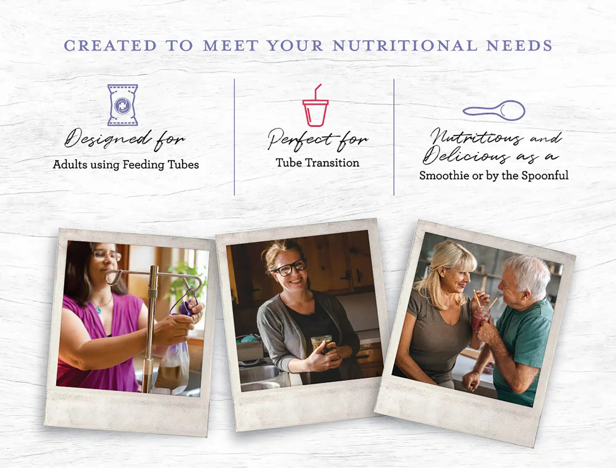 Three labeled photos: a woman using a feeding tube, one drinking berry formula while smiling at her phone, and a couple sharing food. Text highlights nutrition for feeding tubes, transitions, and smoothies with Functional Formularies Liquid Hope Peptide Adult Formula, Berry Medley.