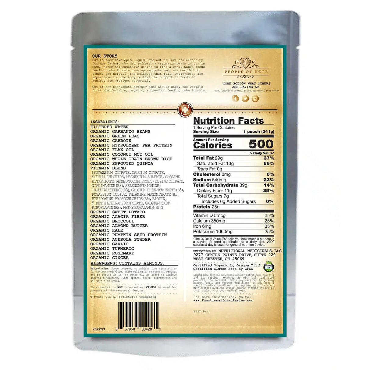 Back of Liquid Hope Peptide Adult Formula by Functional Formularies shows organic plant-based ingredients, nutrition facts, certifications, and story. The label notes 500 calories/pouch and use as an organic meal replacement or feeding tube formula.
