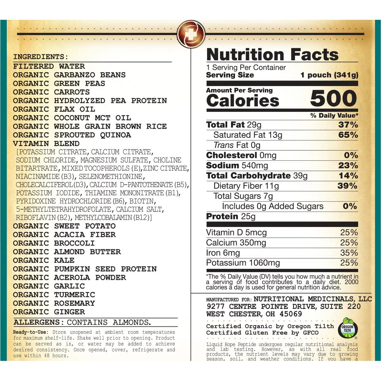The image displays the ingredients and nutrition facts for Liquid Hope Peptide Adult Formula by Functional Formularies. Each unflavored pouch offers 500 calories, key nutrients, and all-organic ingredients as a plant-based peptide formula.