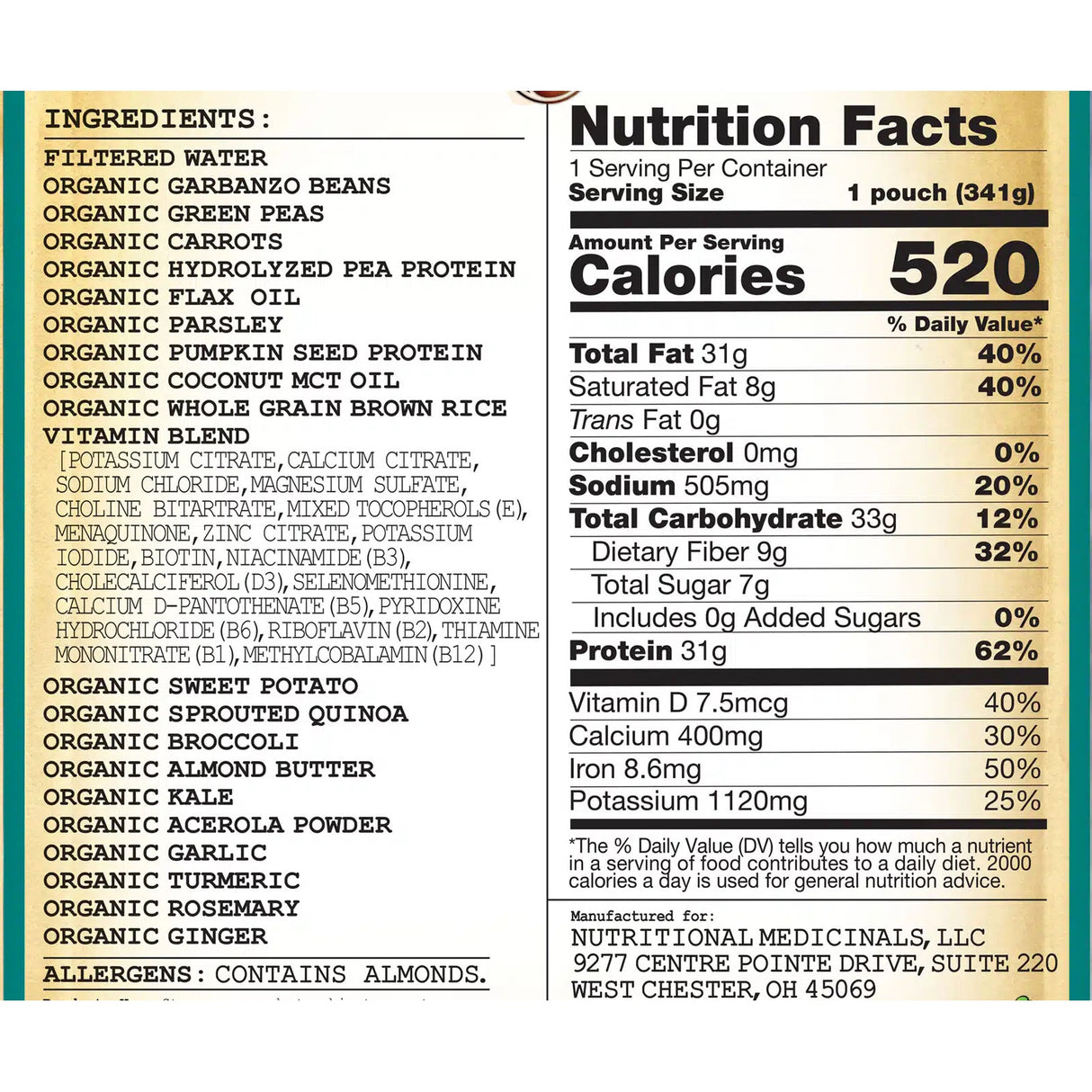 The nutrition label for Functional Formularies Liquid Hope Peptide High Protein Adult Formula, Unflavored, lists garbanzo beans, rice, flax oil, vitamins; per serving: 520 calories, 31g fat, 31g protein, 56g carbs. Contains almond allergen info.