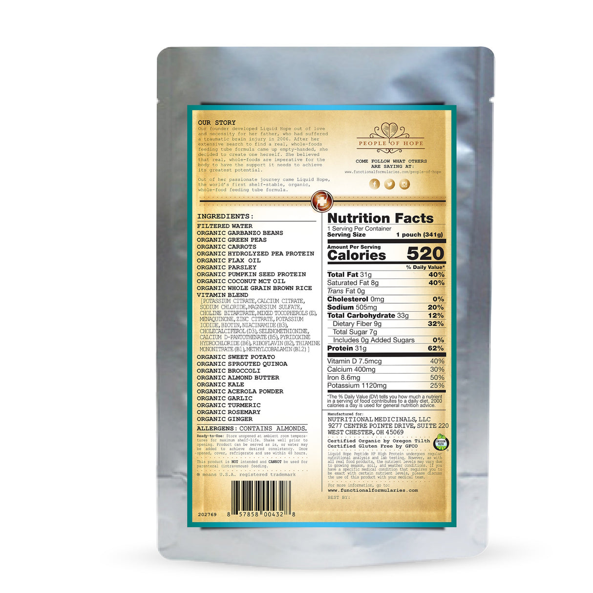 Back of a Functional Formularies Liquid Hope Peptide High Protein Adult Formula, Unflavored package displays nutrition facts (520 calories/serving), ingredients, company info, vitamin details, and barcode at the bottom.