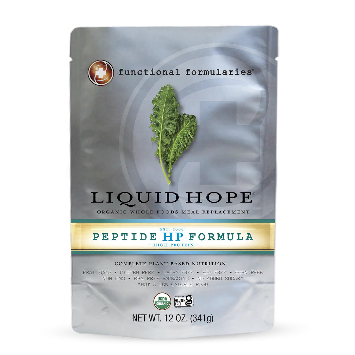A silver pouch of Functional Formularies Liquid Hope Peptide High Protein Adult Formula, Unflavored, featuring a green leafy vegetable image and highlighting its organic, plant-based, and allergen-free qualities.