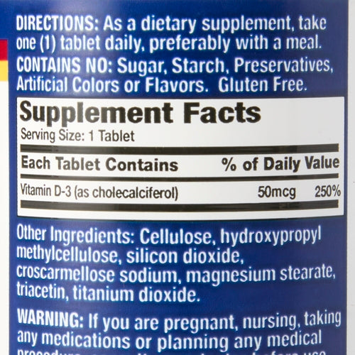 The McKesson Basic’s Vitamin D3 Dietary Supplement label lists directions, ingredients, and supplement facts. Provides 50 mcg (250% DV) Vitamin D3 for bone and immune support. Free of sugar, starch, preservatives, artificial colors/flavors, and gluten.
