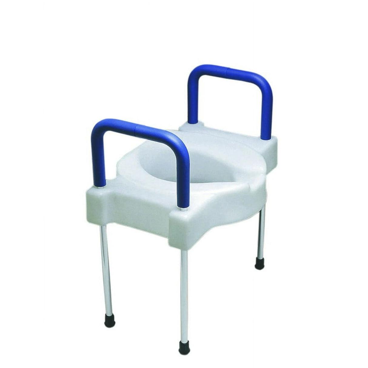 The Maddak Extra Wide Tall-Ette Elevated Toilet Seat with Aluminum Legs features blue armrests and four silver legs, offering bathroom safety and support for those with mobility challenges.