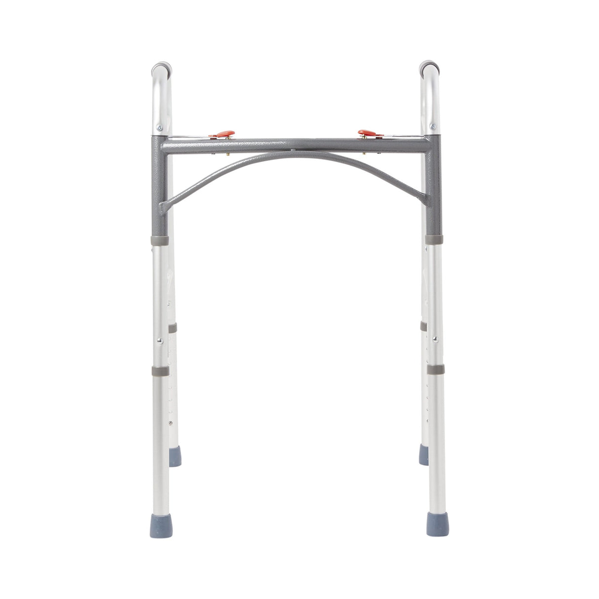 A front view of the McKesson Adult Folding Walker by McKesson, featuring a lightweight silver and gray aluminum frame with adjustable legs and rubber tips for mobility assistance.