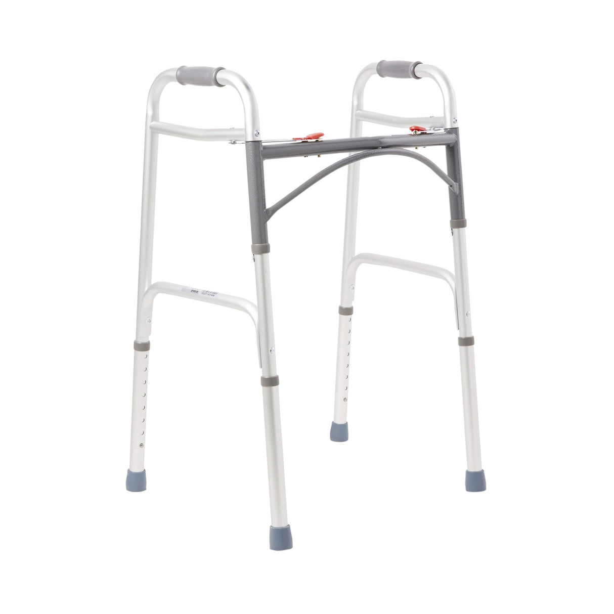 The McKesson Adult Folding Walker by McKesson features a lightweight silver aluminum frame, two handles, four rubber-tipped legs, and adjustable height for walking and mobility support.