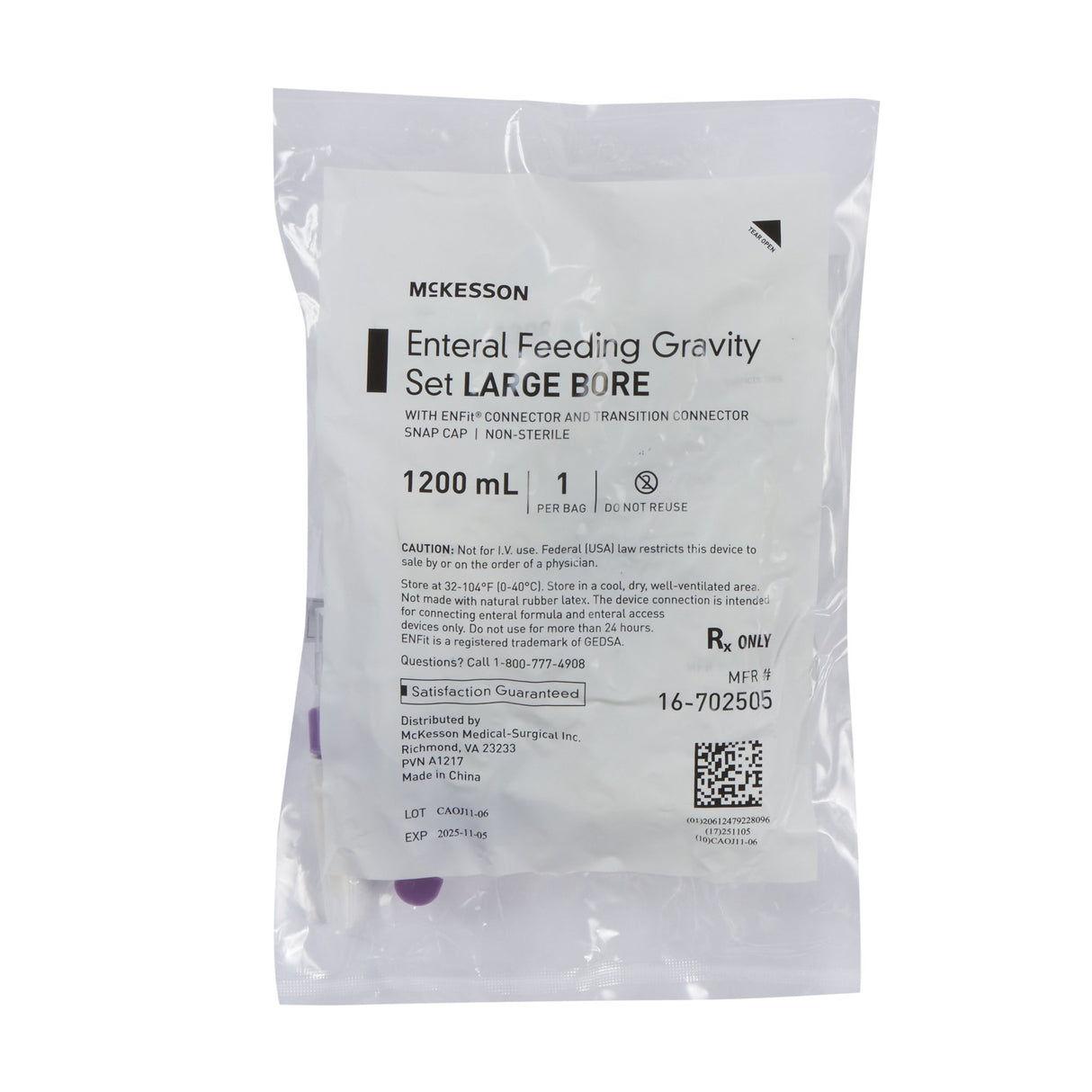 The McKesson Enteral Gravity Feeding Bag Set with ENFit Connector, Large Bore (1200 mL), includes a transition connector, snap cap, and comes sealed with instructions and product information.