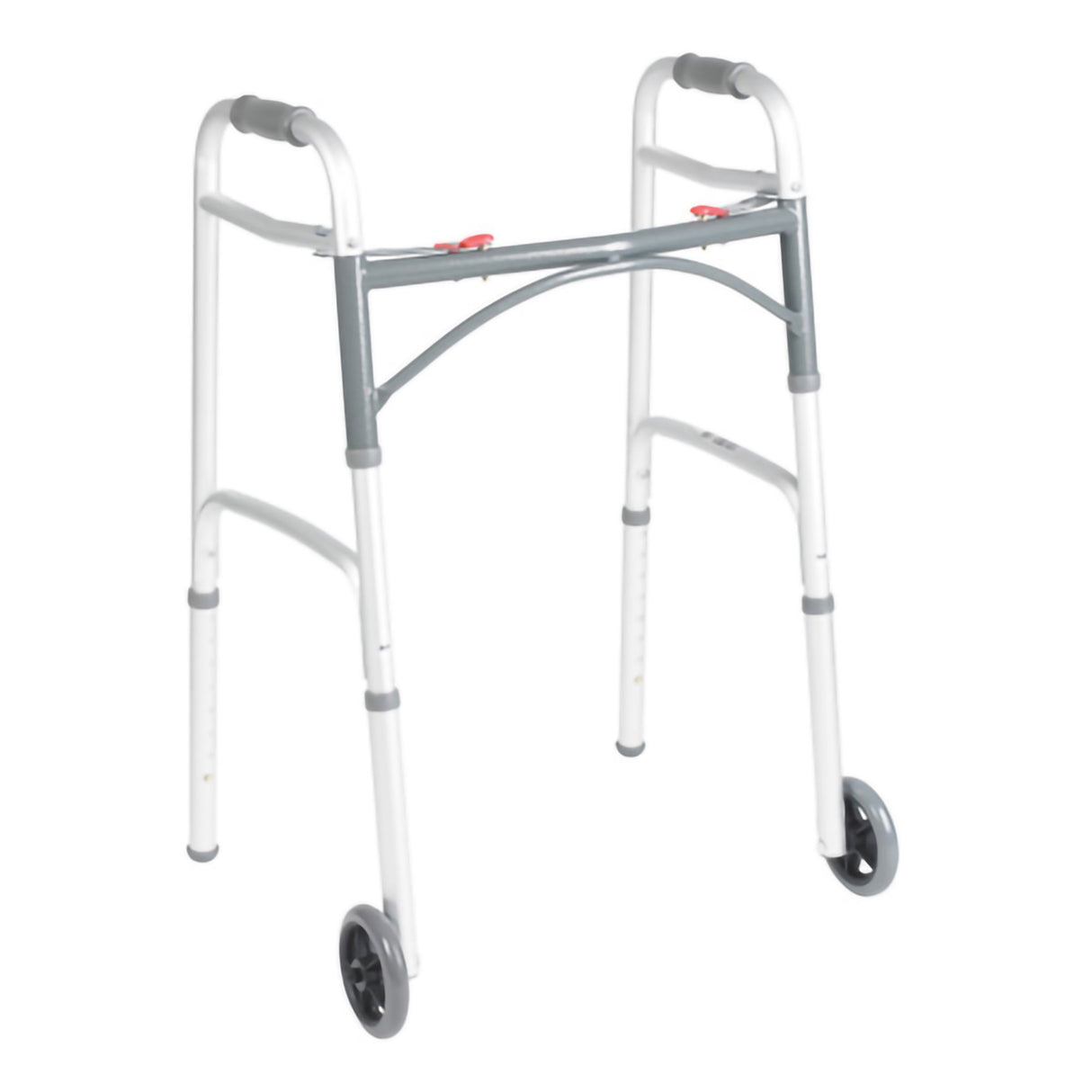 The McKesson Junior Aluminum Folding Walker w/ Wheels is a lightweight silver walker with two front wheels, gray hand grips, a horizontal support bar, and adjustable height for comfort. Brand: McKesson.