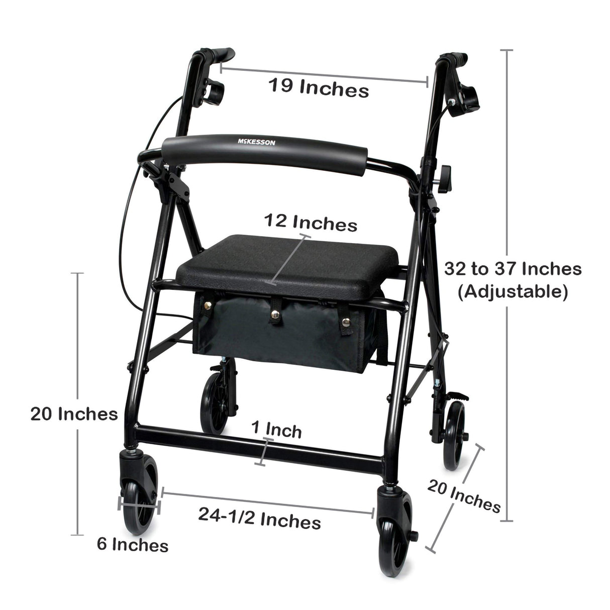 The McKesson Lightweight 4 Wheel Rollator Walker in black features a seat and pouch, 19 width, 24.5 depth, 20 seat height, adjustable handles (32–37), 6 wheels, and a 12 seat width—lightweight folding design by McKesson.