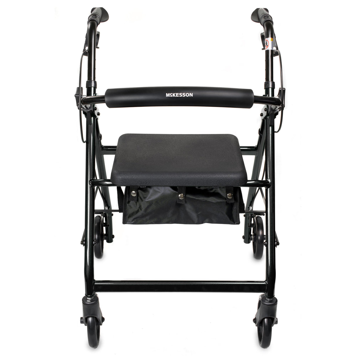 Front view of the McKesson Lightweight 4 Wheel Rollator Walker in black, featuring a padded seat, hand brakes, storage pouch below the seat, sturdy ergonomic handlebars, and a convenient folding design. Brand: McKesson.