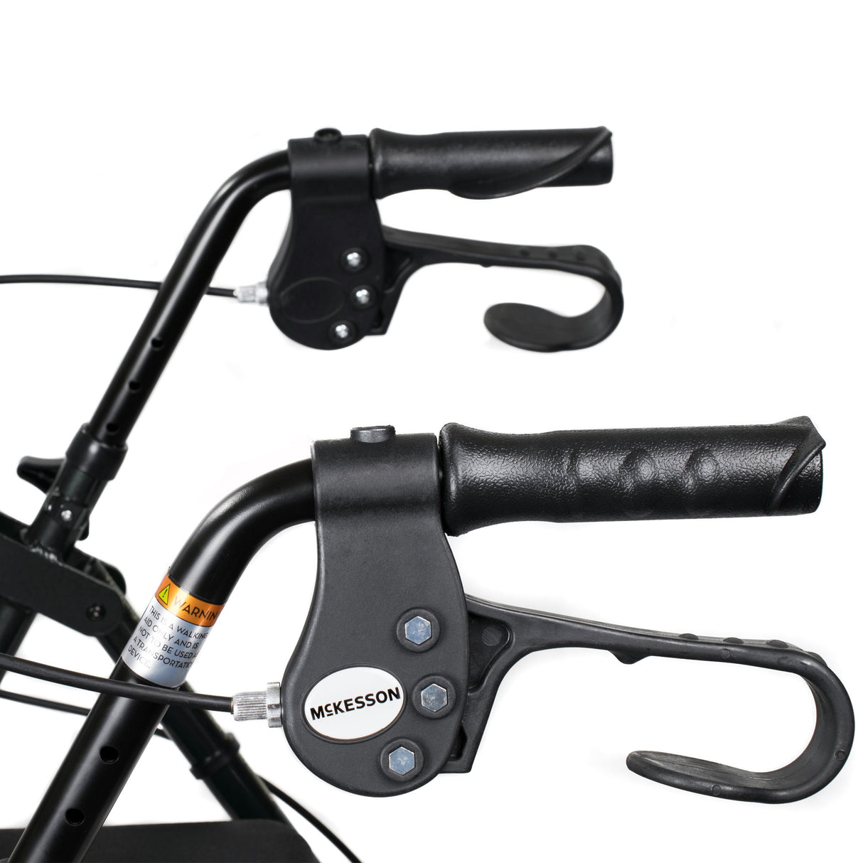 Close-up of the McKesson Lightweight 4 Wheel Rollator Walkers black aluminum handlebars with ergonomic grips and brake levers by McKesson, showcasing its detailed design and lightweight, folding construction against a white background.