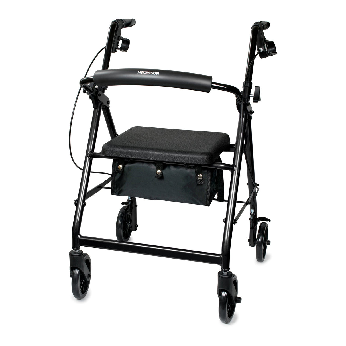 The McKesson Lightweight 4 Wheel Rollator Walker, Black, features hand brakes, a padded seat with backrest, and a storage pouch under the seat for comfort, support, and convenience.