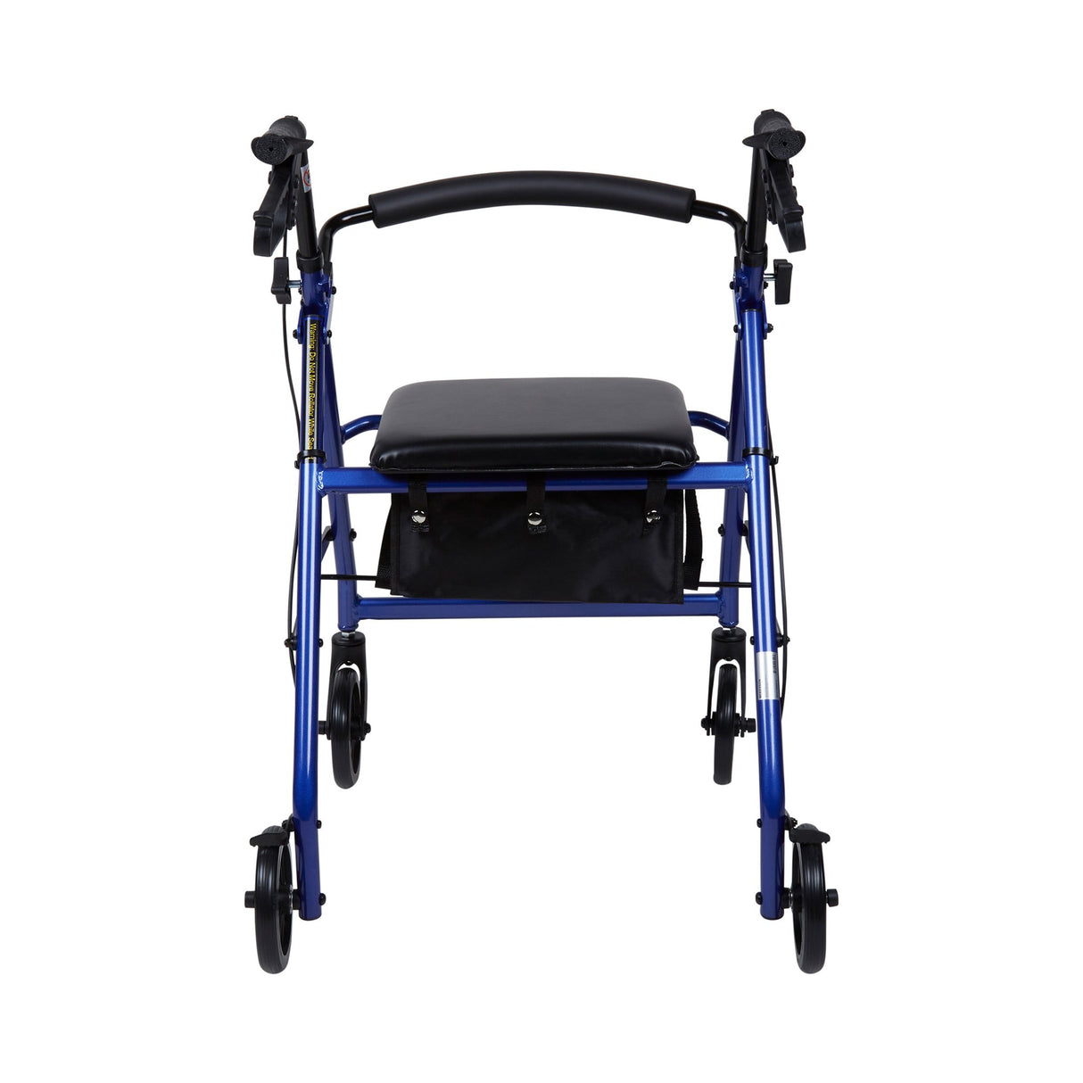 A front view of the McKesson Lightweight 4 Wheel Rollator Walker in blue, featuring ergonomic handles with hand brakes, a padded seat and backrest, and a black storage pouch under the seat. Brand: McKesson.