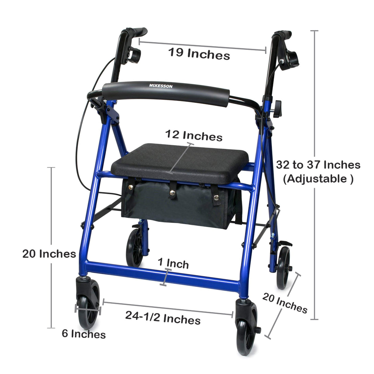 The McKesson Lightweight 4 Wheel Rollator Walker in blue features ergonomic handles, a padded seat and backrest, 19 wide handlebars, 12 seat width, adjustable height (32–37), a 20 high seat (1 thick), and 6 wheels.