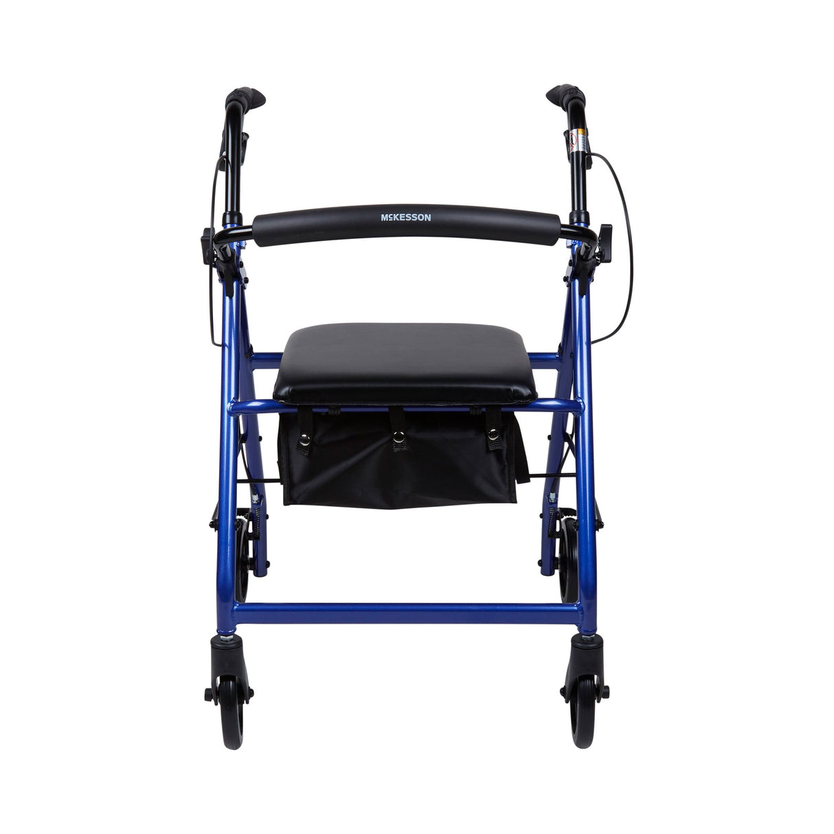 The McKesson Lightweight 4 Wheel Rollator Walker, Blue, features a padded seat and backrest, ergonomic handles, hand brakes, and a black storage pouch beneath the seat; shown from the front.
