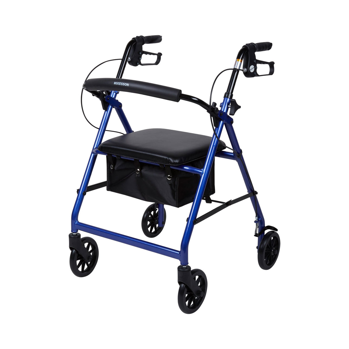 The McKesson Lightweight 4 Wheel Rollator Walker, Blue, features ergonomic handles, hand brakes, padded seat and backrest, a storage pouch under the seat, and four sturdy wheels.