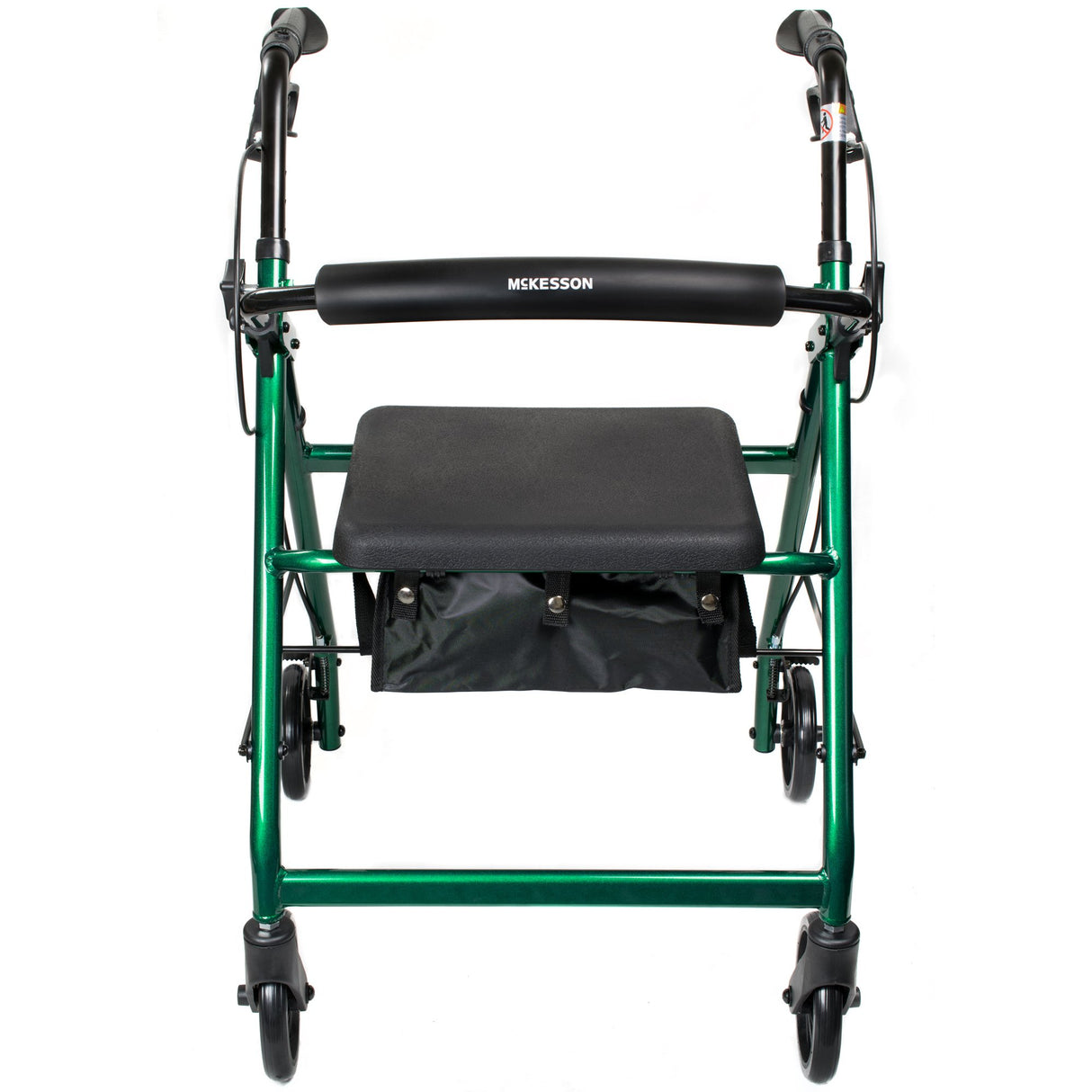 The McKesson Lightweight 4 Wheel Rollator Walker in green is shown from the front, featuring black handles, a padded seat, storage pouch underneath, and the McKesson brand name on the backrest.