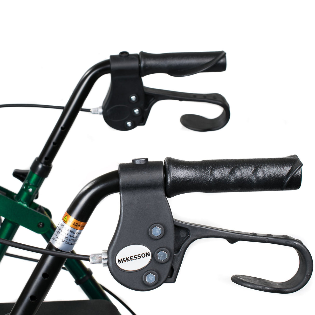Close-up of black ergonomic hand brakes and textured handles on the McKesson Lightweight 4 Wheel Rollator Walker, Green, highlighting secure brake levers on its lightweight folding frame.