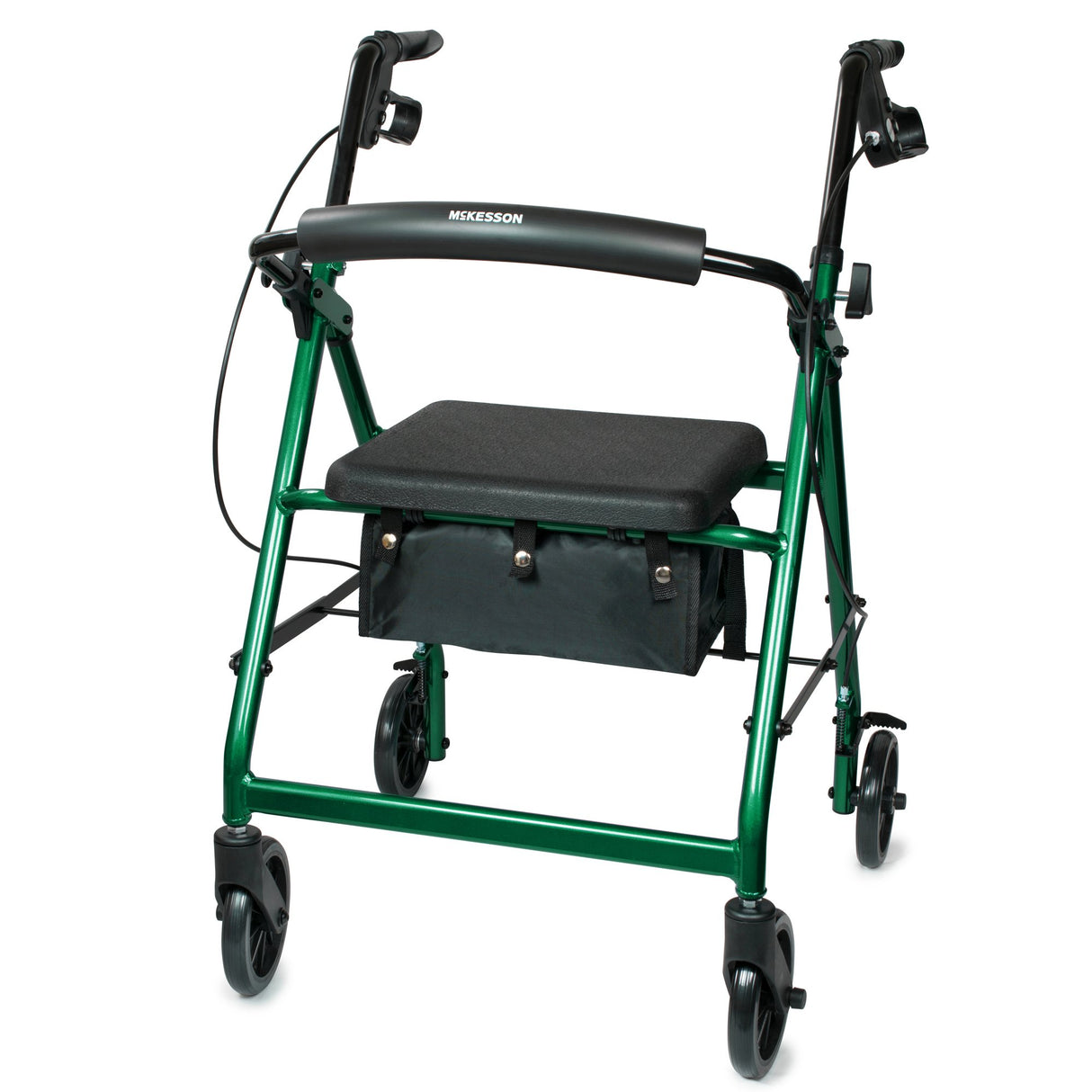 The McKesson Lightweight 4 Wheel Rollator Walker in green features an ergonomic design, black padded seat, hand brakes, four wheels, and a convenient storage pouch beneath the seat.