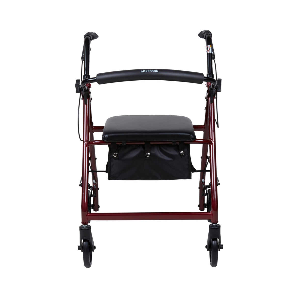 Front view of the McKesson Lightweight 4 Wheel Rollator Walker in red, featuring a black cushioned seat, padded backrest, ergonomic handles with brakes, and a black storage pouch beneath the seat on a white background. Brand: McKesson.