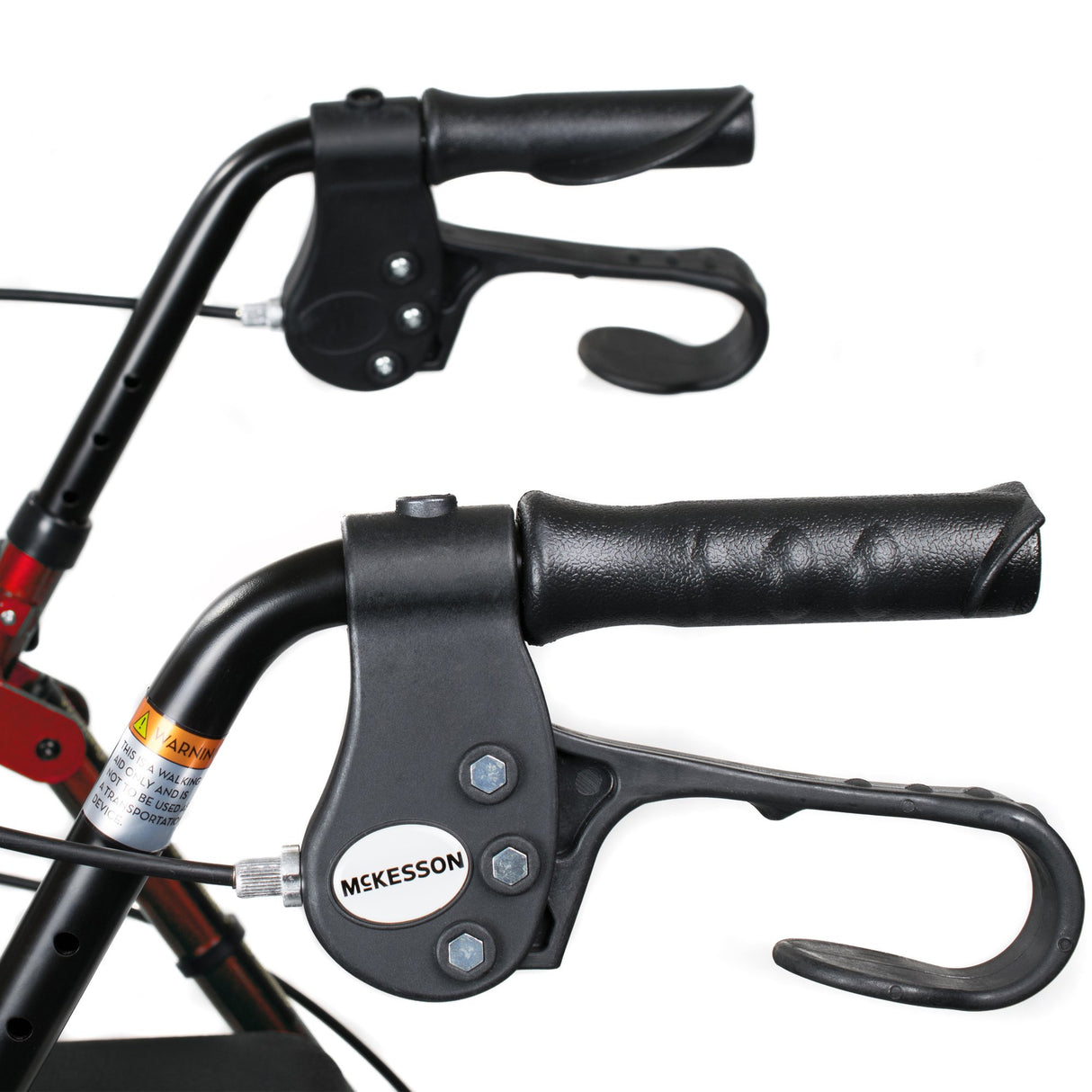 Close-up of the McKesson Lightweight 4 Wheel Rollator Walker, Red, showing black handles with hand brakes and ergonomic, textured grips for comfort and control. The folding walker by McKesson offers everyday convenience and mobility support.