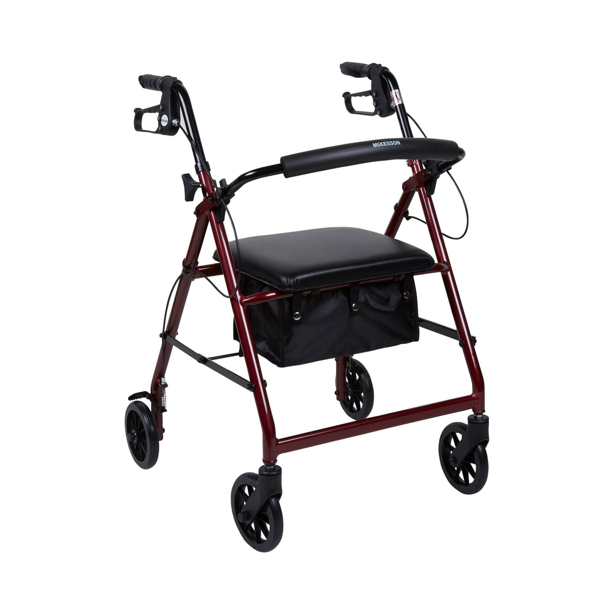 The McKesson Lightweight 4 Wheel Rollator Walker in red features black handles with hand brakes, a padded seat, and a black storage pouch underneath, displayed against a white background.