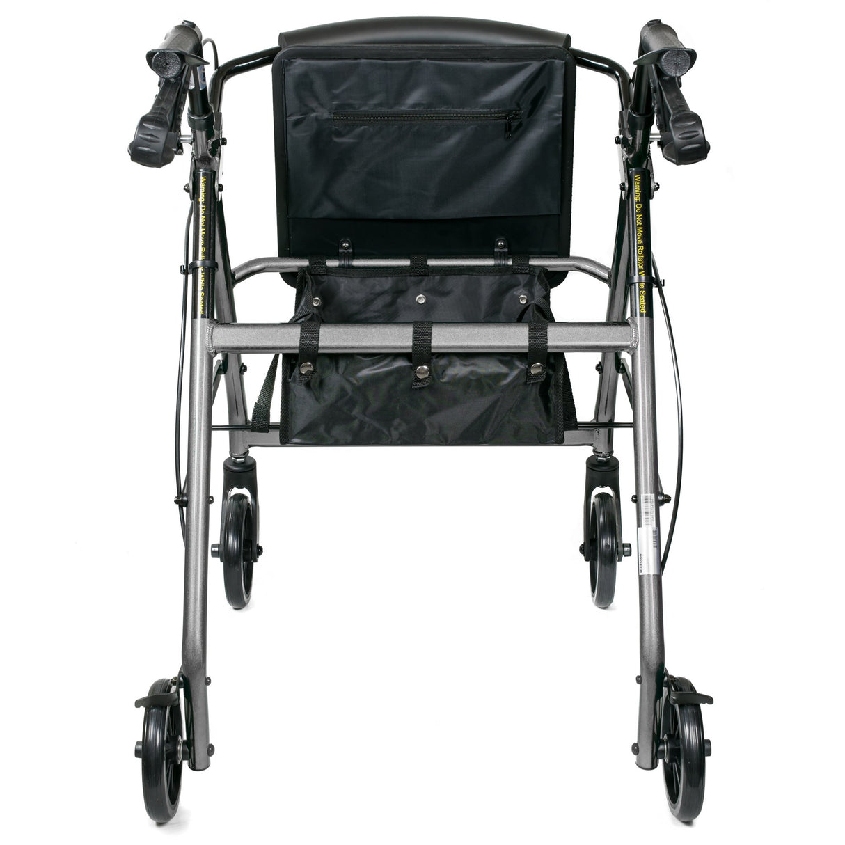 The McKesson Lightweight 4 Wheel Rollator Walker in silver features ergonomic handles, a padded seat and backrest, hand brakes, a zippered storage pouch under the seat, and is shown from the front.