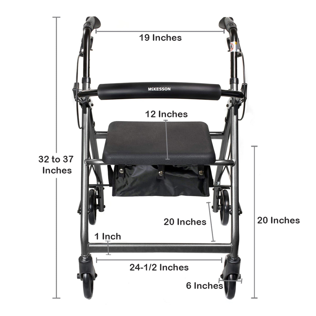 Front view of a silver McKesson Lightweight 4 Wheel Rollator Walker with ergonomic handles, showing labeled dimensions: 32-37 in tall, 24.5 in wide, 19 in between handles, seat 12x20 in, 1 in frame thickness, and 6 in wheels.