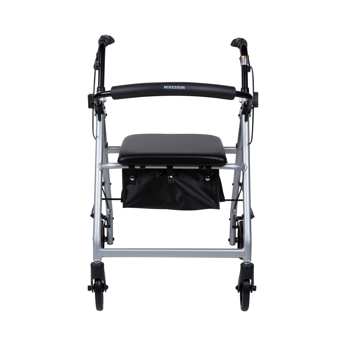 Front view of the McKesson Lightweight 4 Wheel Rollator Walker in silver, featuring ergonomic handles, a padded seat and backrest with McKesson branding, four wheels, and a black storage pouch underneath.
