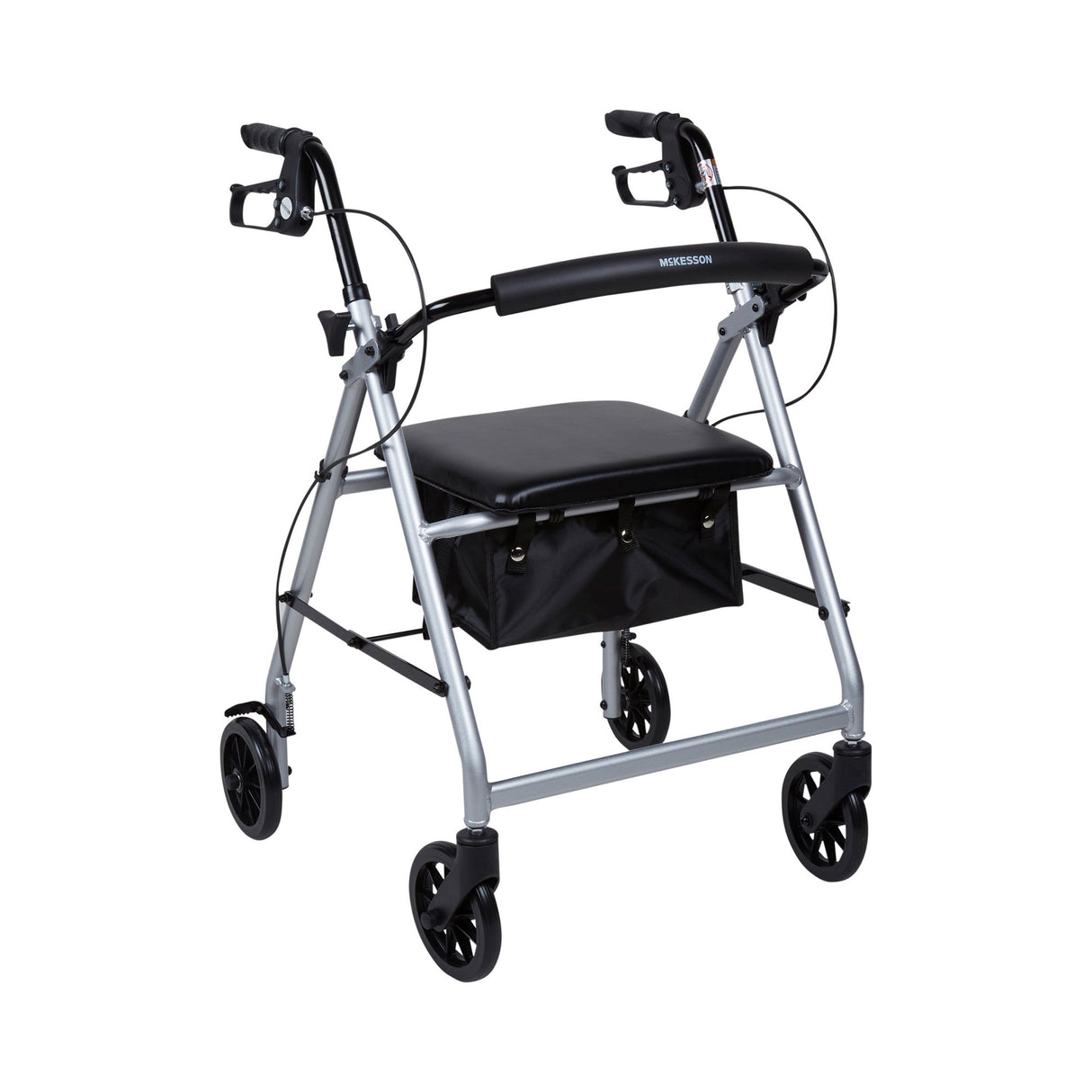 The McKesson Lightweight 4 Wheel Rollator Walker in silver features ergonomic handles with brakes, four black wheels, a padded seat and backrest, and a storage pouch under the seat to assist with mobility.