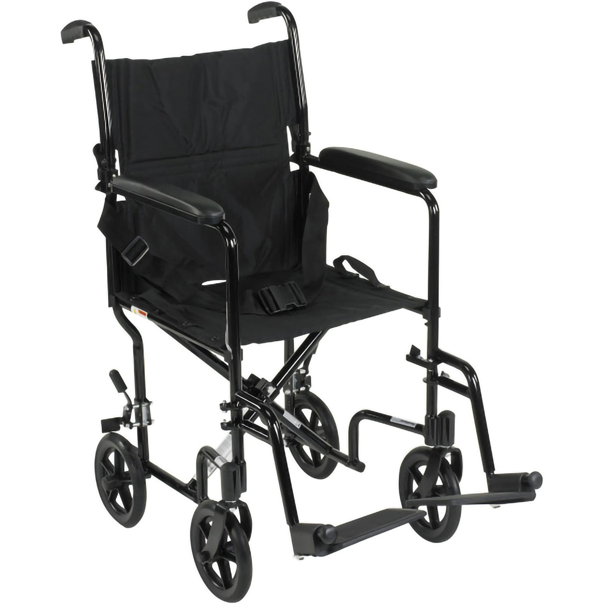 The McKesson Lightweight Aluminum Transport Chair by McKesson, shown in black with four small wheels, footrests, armrests, and a seatbelt on a white background, offers an ideal mobility solution for safe and easy transport.