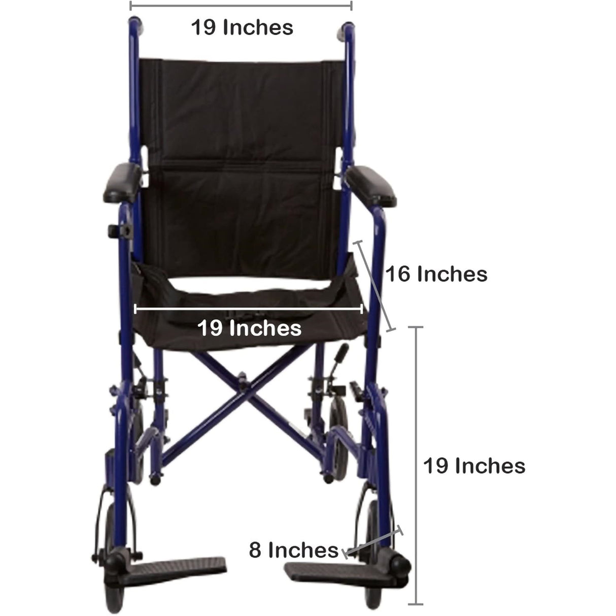 A front view of the blue McKesson Lightweight Aluminum Transport Chair, featuring a 19 wide seat, 16 high backrest, 19 deep seat, 19 front wheel height, and an 8 footrest height.