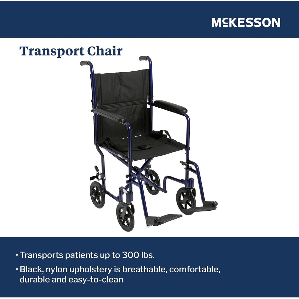 The McKesson Lightweight Aluminum Transport Chair features black nylon upholstery, armrests, footrests, and four small wheels. Supporting up to 300 lbs, it offers a comfortable, durable mobility solution that’s easy to clean.