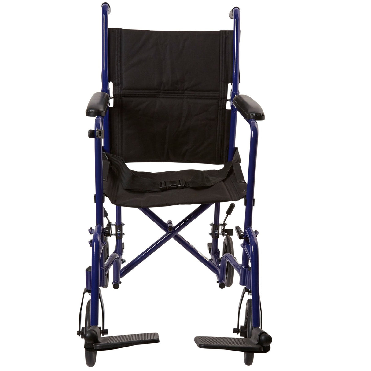 The McKesson Lightweight Aluminum Transport Chair features a blue frame, black seat and backrest, armrests, and footrests—an everyday mobility solution from McKesson, shown from the front against a white background.