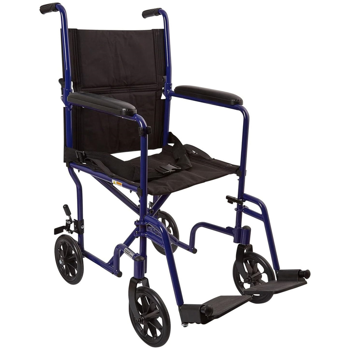 The McKesson Lightweight Aluminum Transport Chair features a sturdy dark blue aluminum frame, black seat and backrest, large rear wheels, small front wheels, armrests, and footrests. It is foldable and easy to transport.