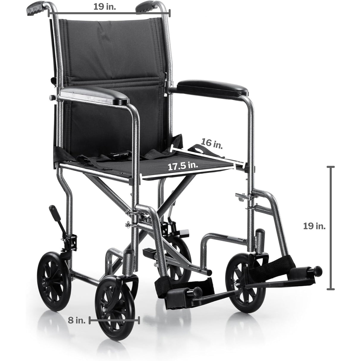 The McKesson Lightweight Steel Transport Chair features a silver vein finish, black seat and backrest, 17.5 seat width, 16 depth, 19 seat and backrest height, and four 8 black wheels—a practical mobility solution.