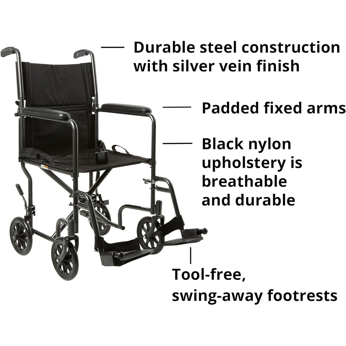 McKesson Lightweight Steel Transport Chair features a durable silver vein frame, padded fixed arms, breathable black nylon upholstery, and tool-free swing-away footrests—delivering practical everyday mobility.
