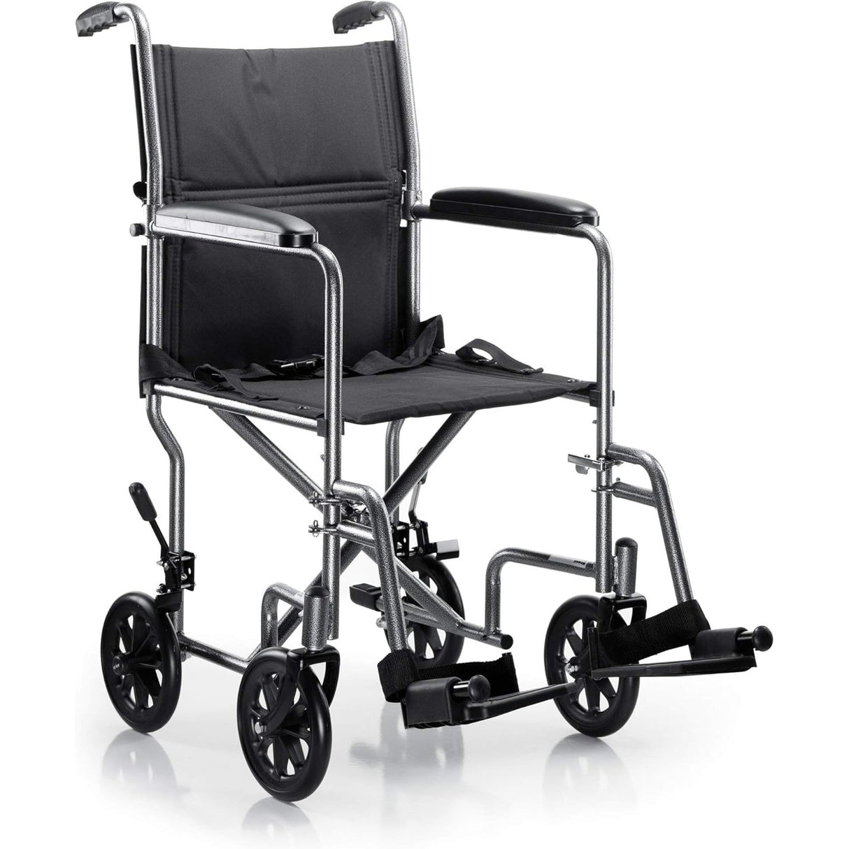 The McKesson Lightweight Steel Transport Chair features a silver vein finish, black fabric seat and backrest, footrests, armrests, and four small wheels—offering a portable, comfortable mobility solution from McKesson.