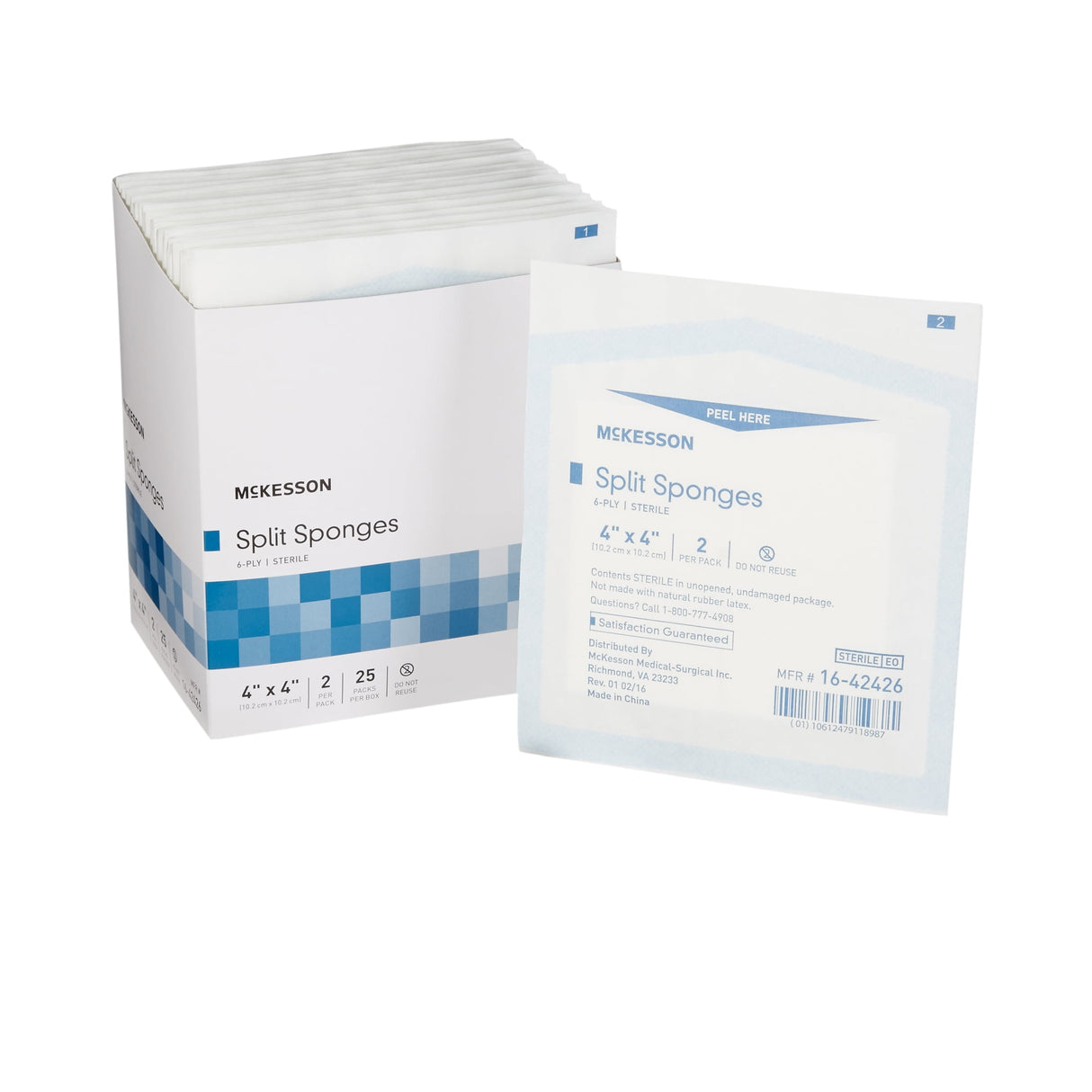 McKesson IV/Drain Split Dressing, 4 x 4 Inch, Six Ply