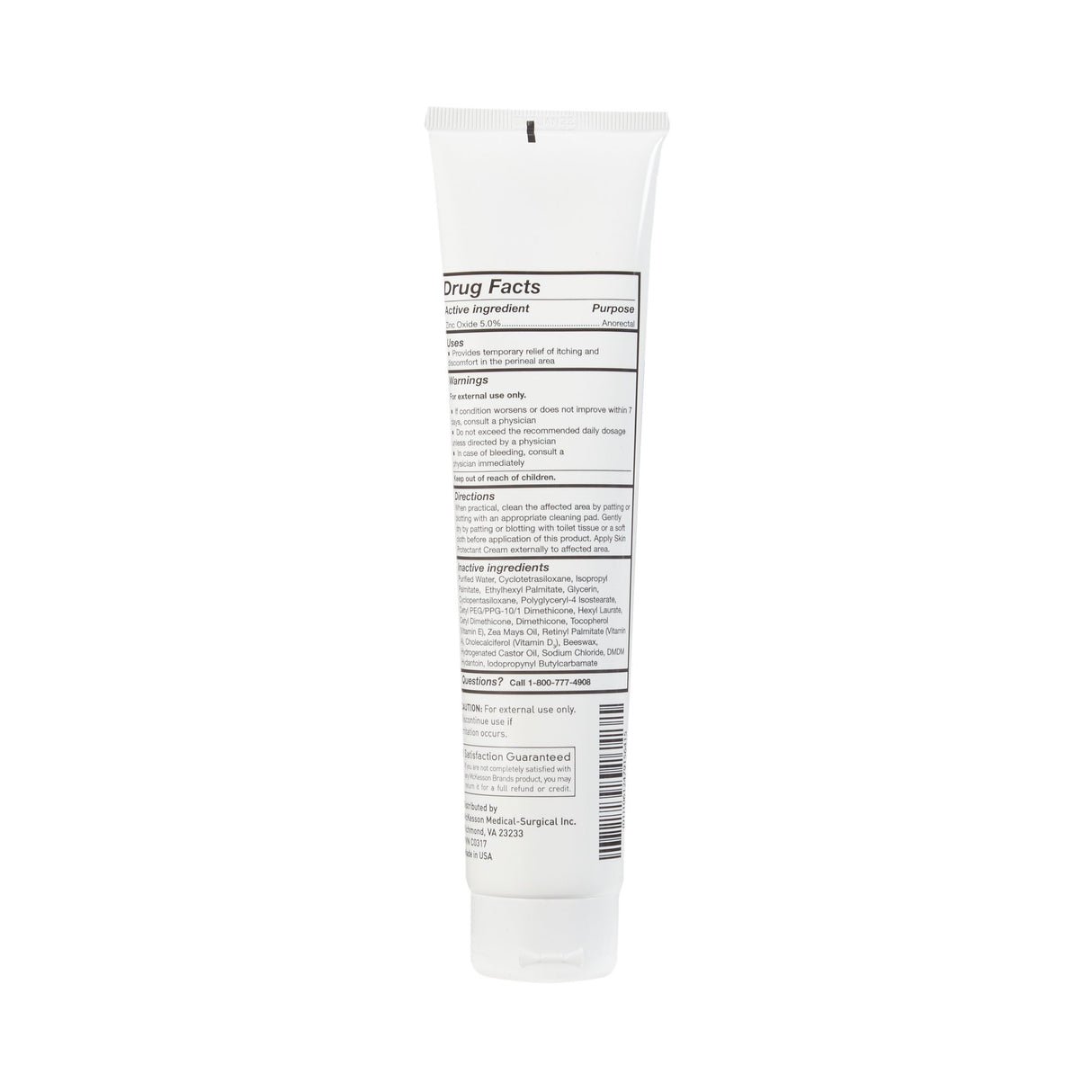 A 6 oz upright tube of McKesson Skin Protectant Cream, Scented, features drug facts and directions on the label. The white tube has its cap at the bottom and is designed to soothe and protect sensitive skin.