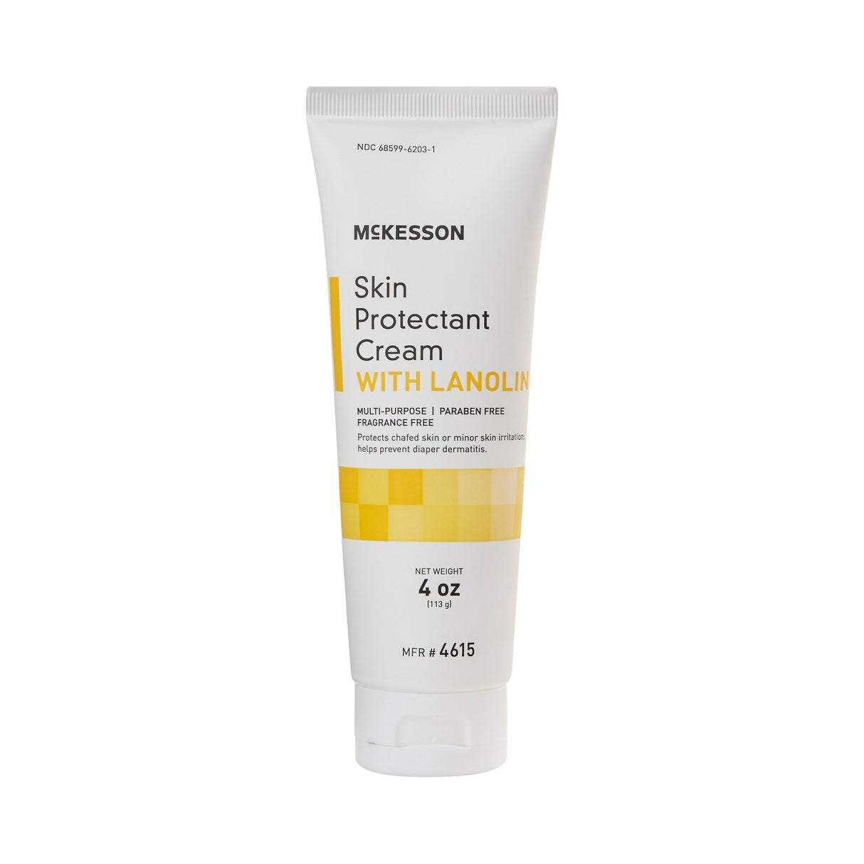 A white 4 oz tube of McKesson Skin Protectant Cream with Lanolin, Unscented, features yellow accents and is a paraben-free, fragrance-free moisturizer offering barrier protection.
