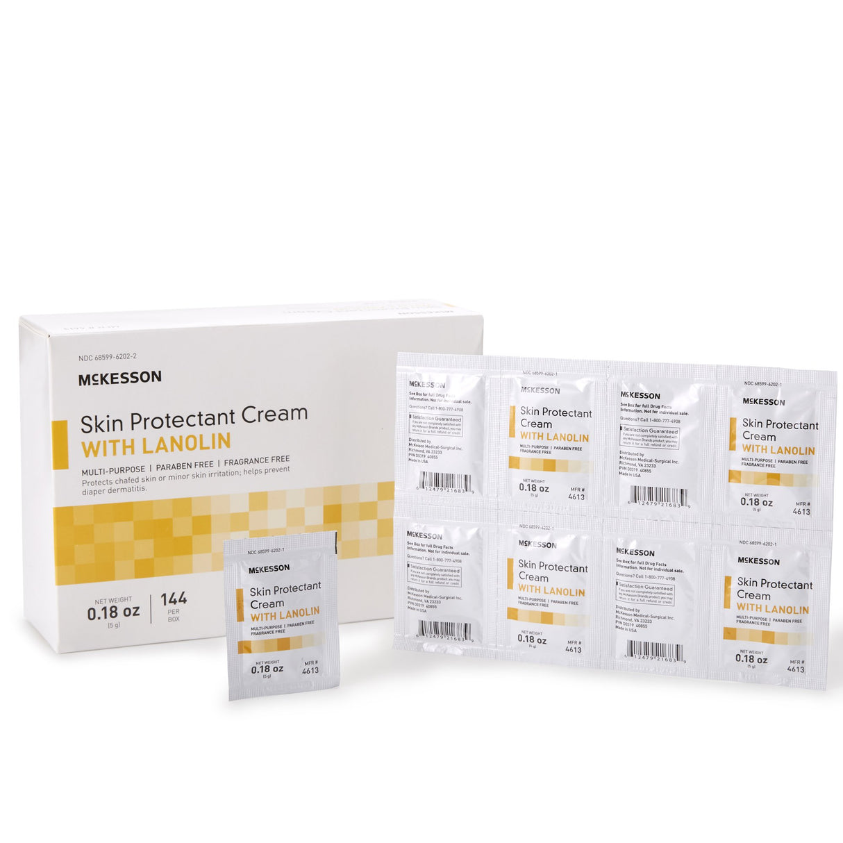 A box of McKesson Skin Protectant Cream with Lanolin, Unscented is shown next to 0.18 oz cream packets on a sheet. Each box contains 144 unscented moisturizer packets offering barrier protection.