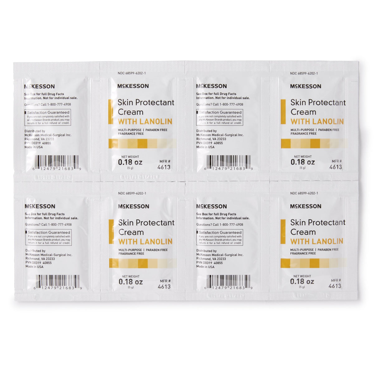 Six single-use packets of McKesson Skin Protectant Cream with Lanolin, Unscented (0.18 oz each), are arranged in two rows of three on a white background. The white packaging features gold and black text for barrier protection.
