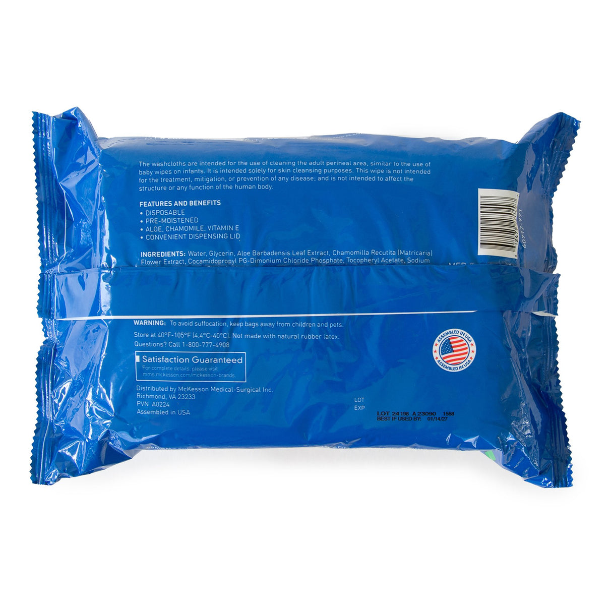 The back of a blue McKesson StayDry Disposable Washcloths w/ Aloe, Scented, 96 Count package is shown, displaying product info, ingredients, Made in USA logo, features of these gentle wipes in white text, warnings, and manufacturer details.