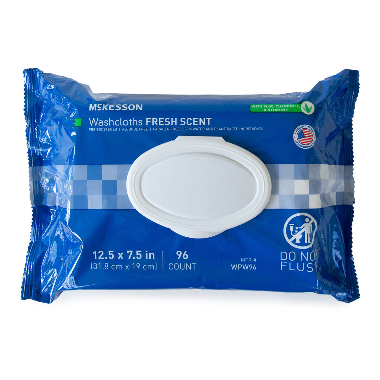 A blue pack of McKesson StayDry Disposable Washcloths with Aloe, fresh scent, 96 count (12.5 x 7.5 in), features a white resealable lid and “Do Not Flush” warning icon.