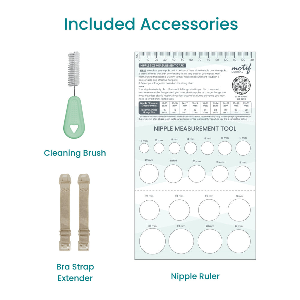 Image displays included accessories for the Motif Aura Glow Wearable Breast Pump by Motif: a green-handled cleaning brush, two beige bra strap extenders, and a transparent nipple ruler with circular size cutouts.